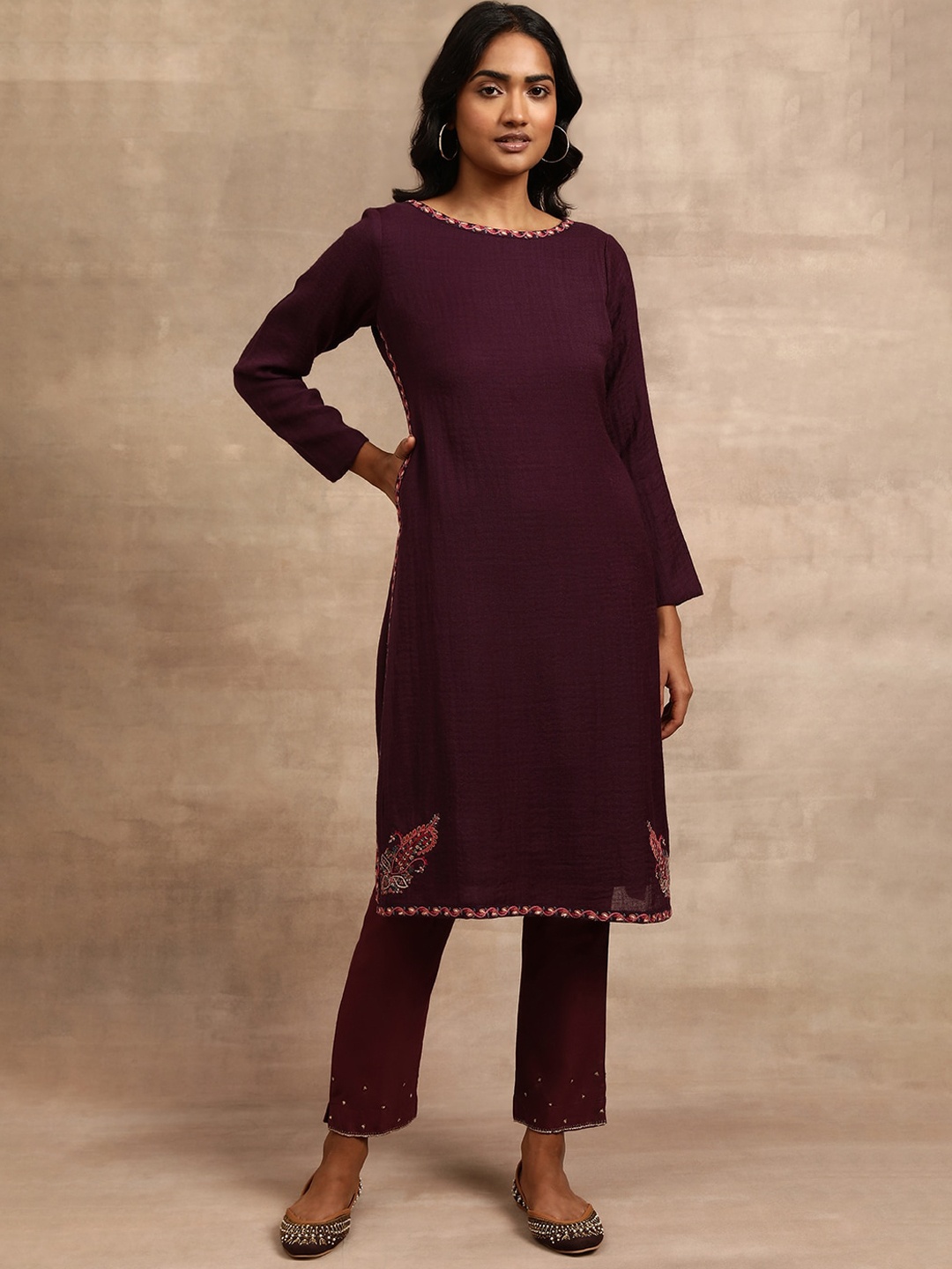 

W The Folksong Collection Ethnic Motifs Embroidered Thread Work Woollen Kurta, Maroon