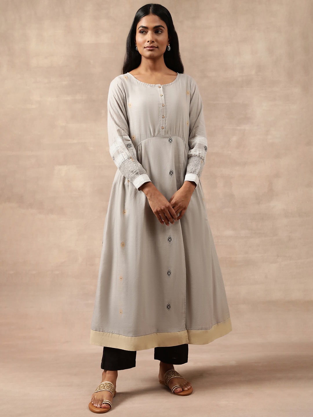 

W The Folksong Collection Grey Ethnic Motifs Woven Design A-Line Kurta