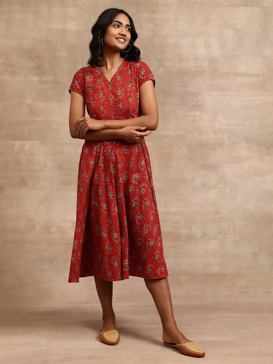 

W The Folksong Collection V-Neck Floral Printed Midi Cotton A-Line Dress, Red