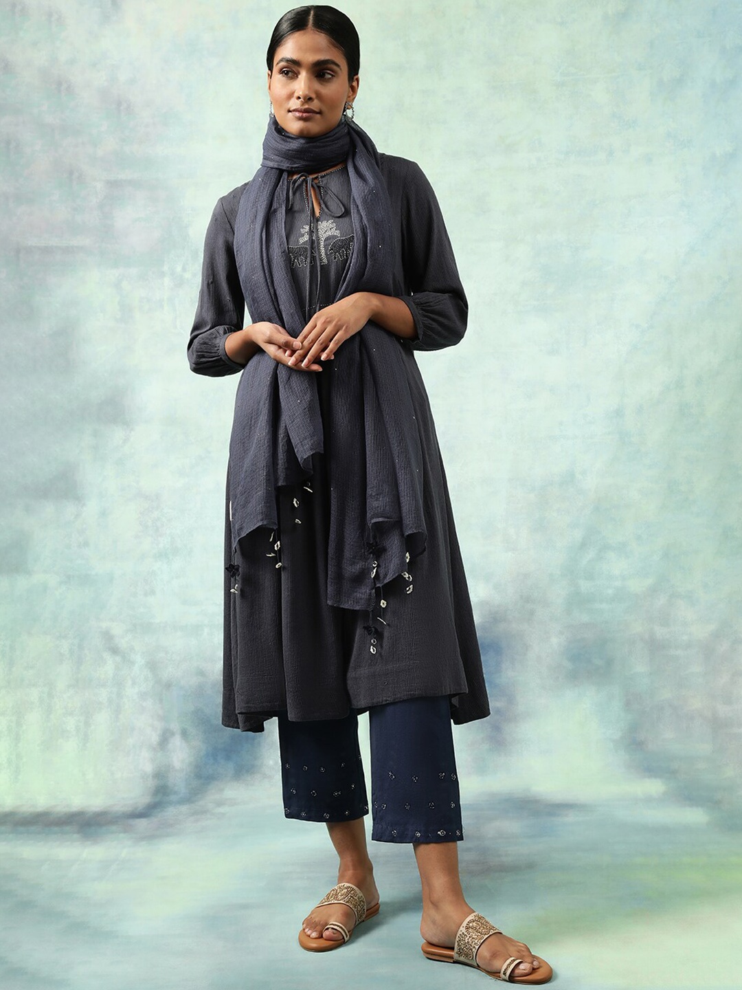 

W The Folksong Collection Striped Tie-Up Neck Thread Work A-Line Kurta, Blue