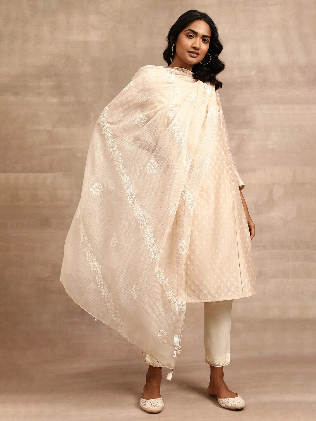 

W The Folksong Collection Beige Checked Floral Embroidered Dupatta With Chikankari