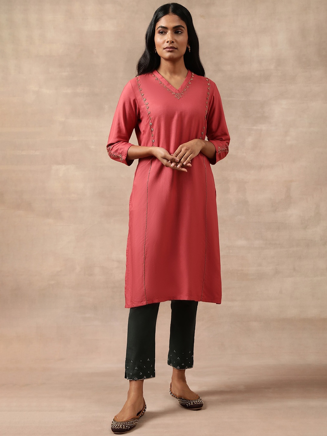 

W The Folksong Collection Embellished Beads detail Straight Kurta, Red