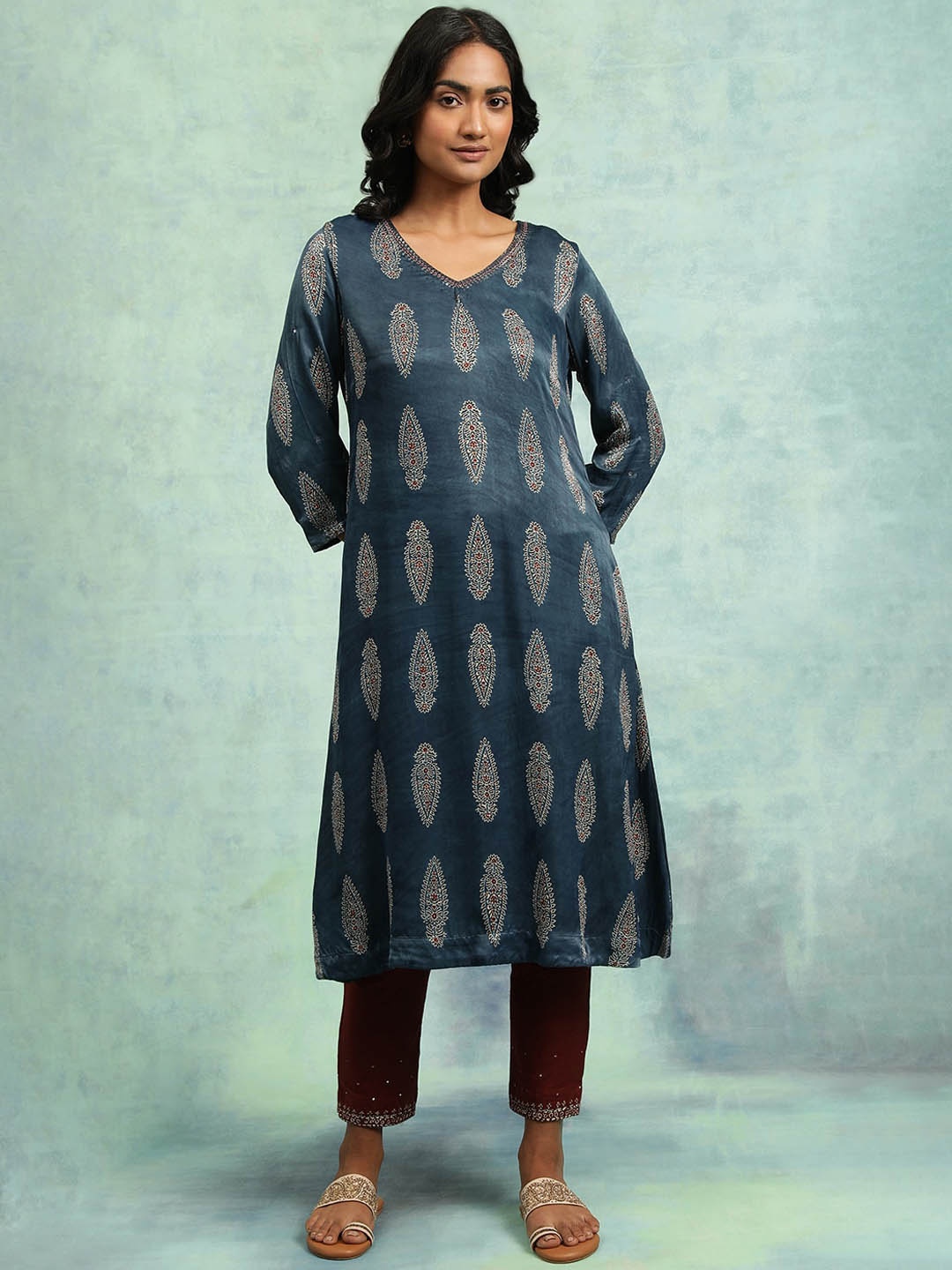 

W The Folksong Collection Ethnic Motifs Printed V-Neck A-Line Kurta, Teal