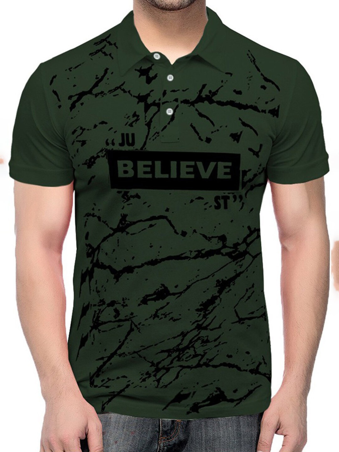 

BLIVE Men Green Typography Printed Polo Collar Raw Edge T-shirt