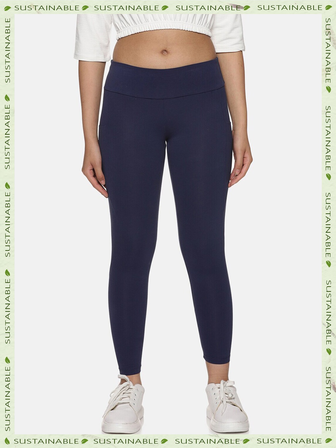 

HERE&NOW Women Cotton Ankle Length Training Tights, Navy blue