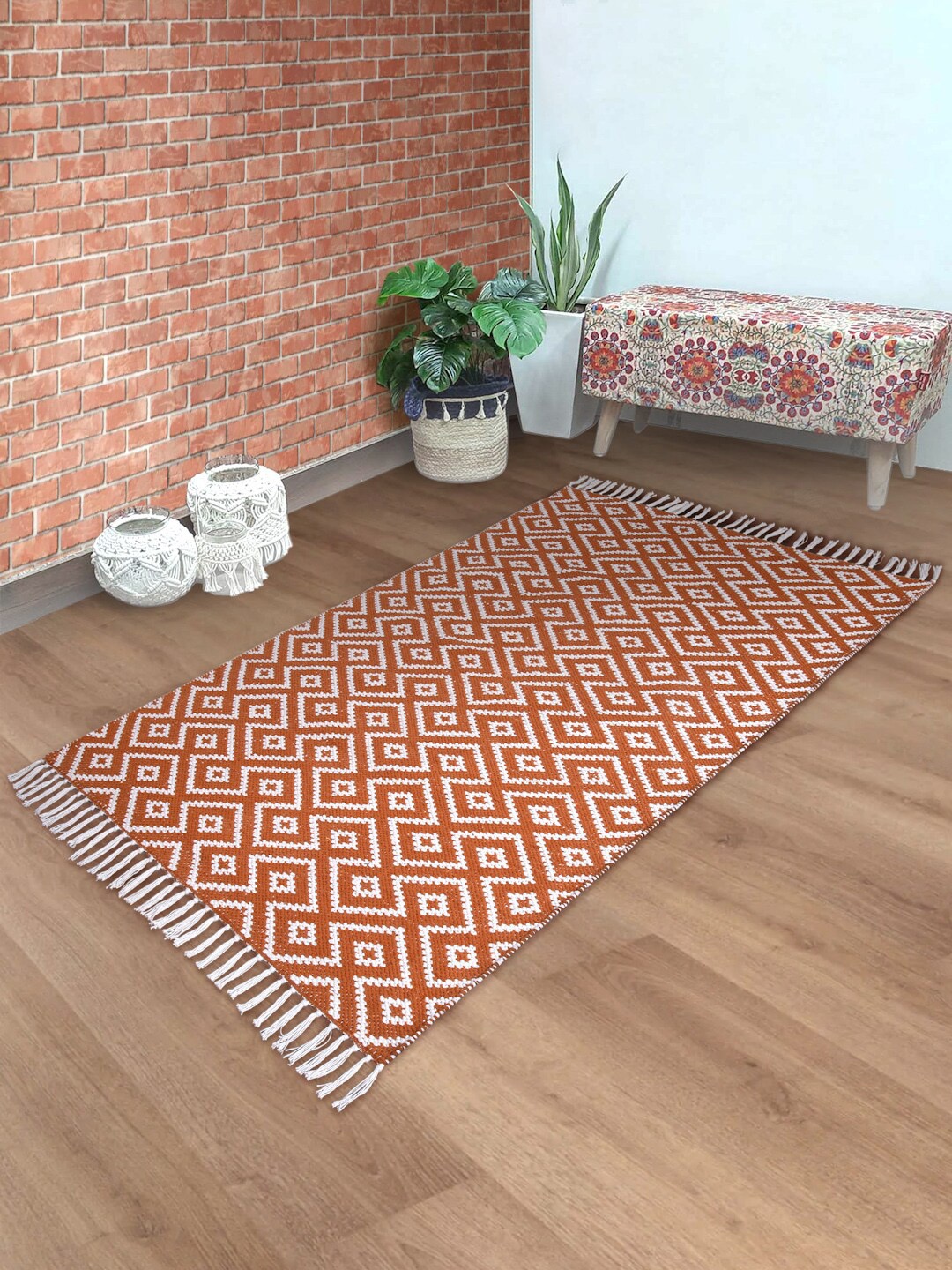 eyda Rust-Brown & White Woven Pure Cotton Anti-Skid Carpet