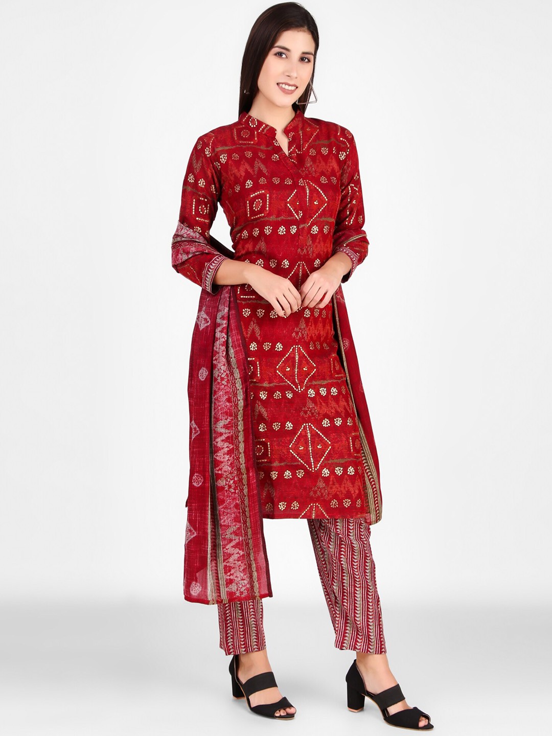 

FNOCKS Ethnic Motifs Printed Organic Cotton Kurta with Trousers & Dupatta, Red