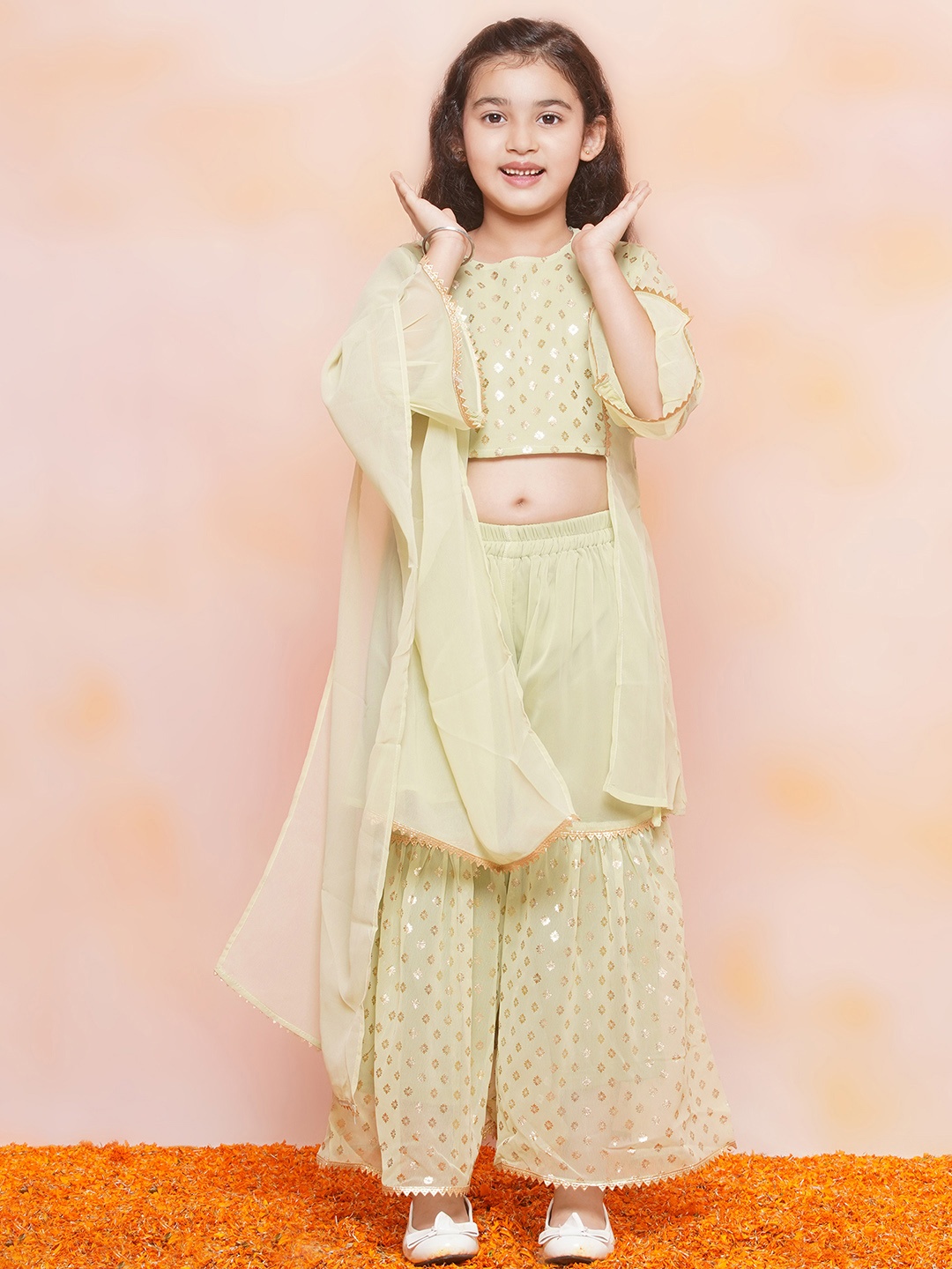 

Aj DEZInES Girls Printed Bell Sleeves Panelled Gotta Patti Kurta With Sharara, Green