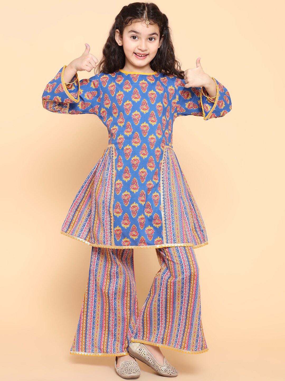 

Aj DEZInES Girls Ethnic Motifs Printed Pure Cotton A-Line Kurta With Sharara, Blue