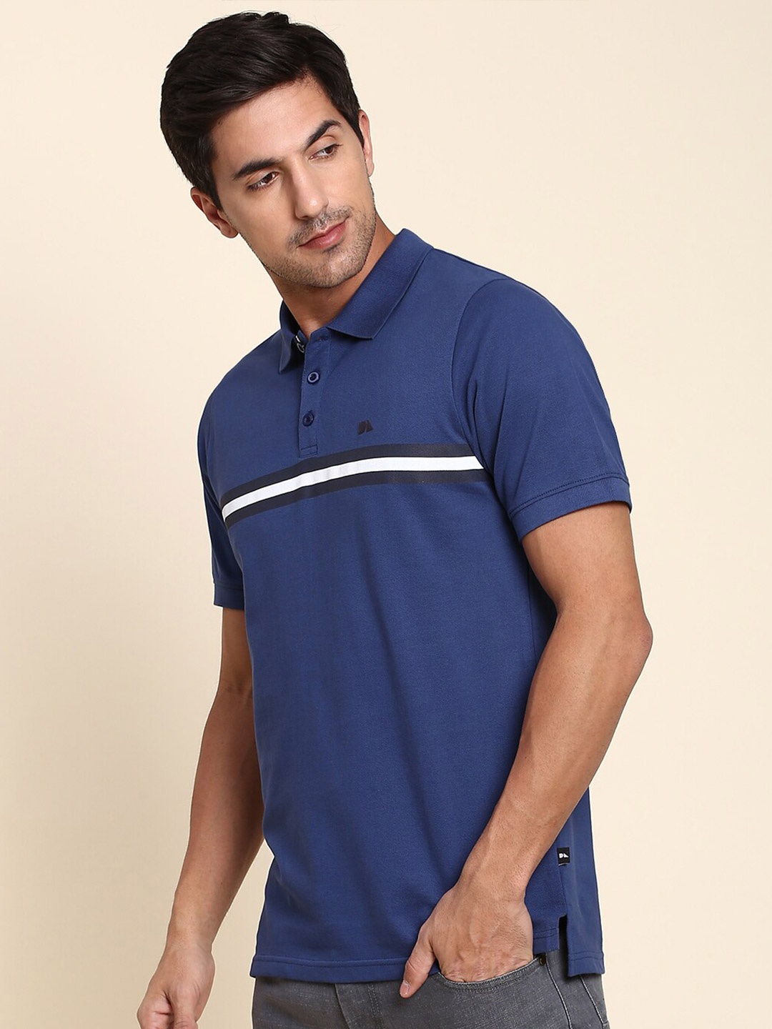 

Dennis Lingo Striped Polo Collar Regular Fit Pure Cotton T-shirt, Blue