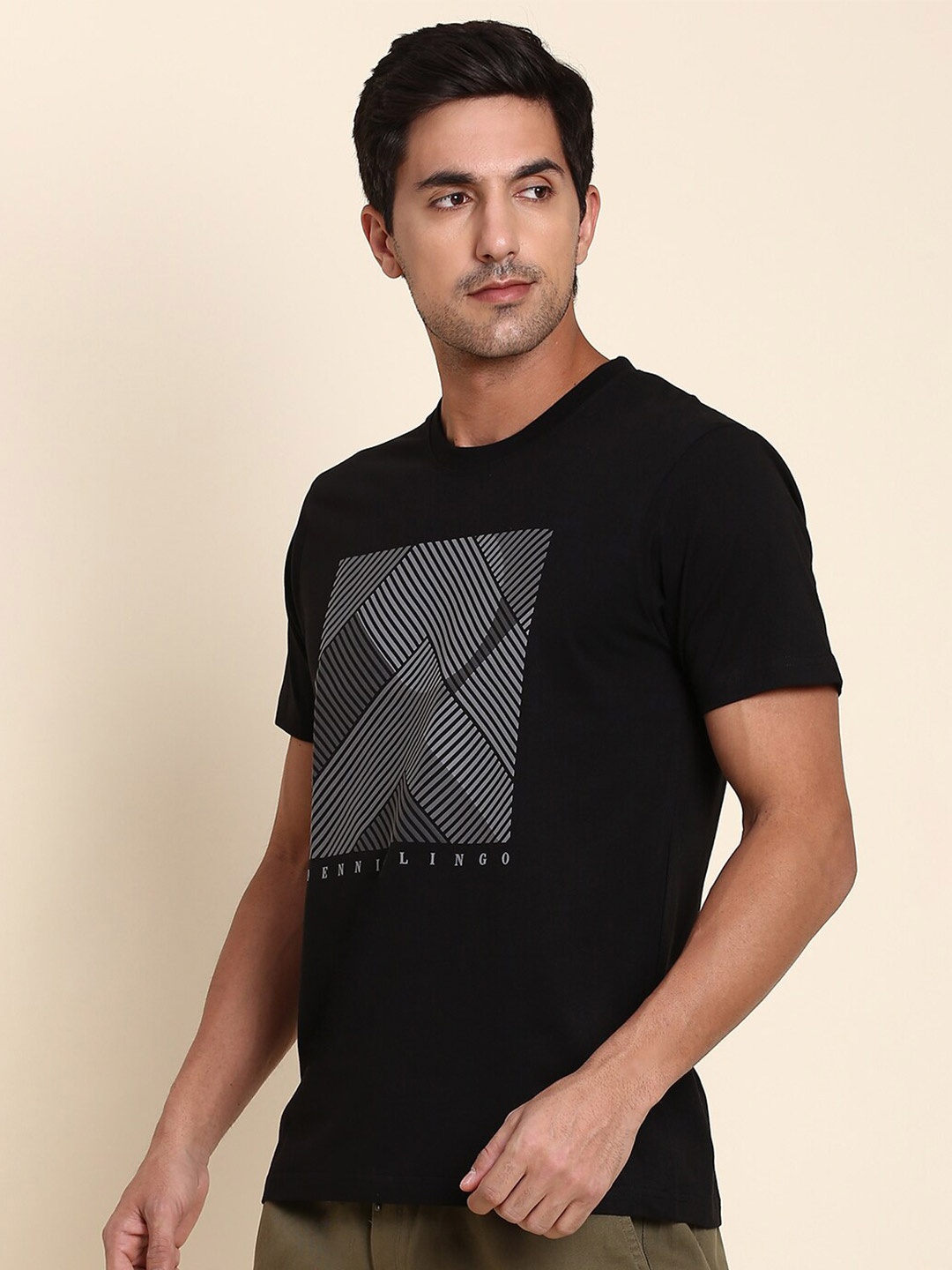 

Dennis Lingo Geometric Printed Slim Fit Pure Cotton T-shirt, Black