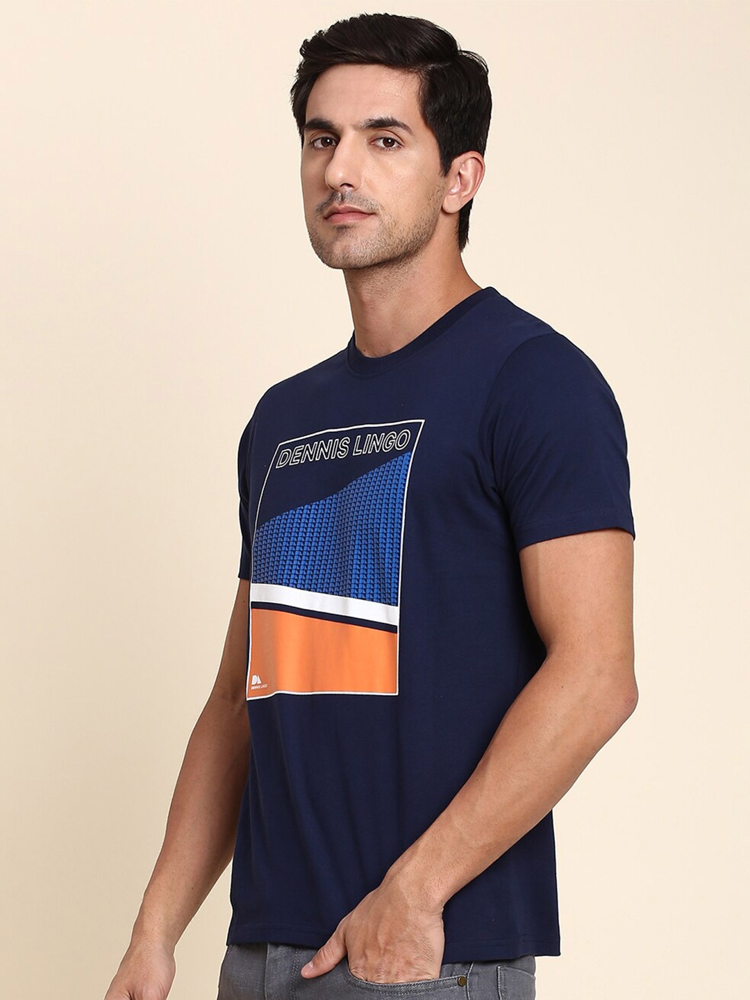 

Dennis Lingo Graphic Printed Round Neck Slim Fit Pure Cotton T-shirt, Navy blue