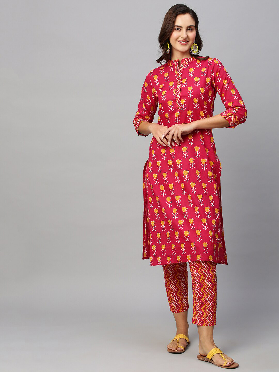 

KALINI Floral Printed Pure Cotton Kurta With Trousers, Pink