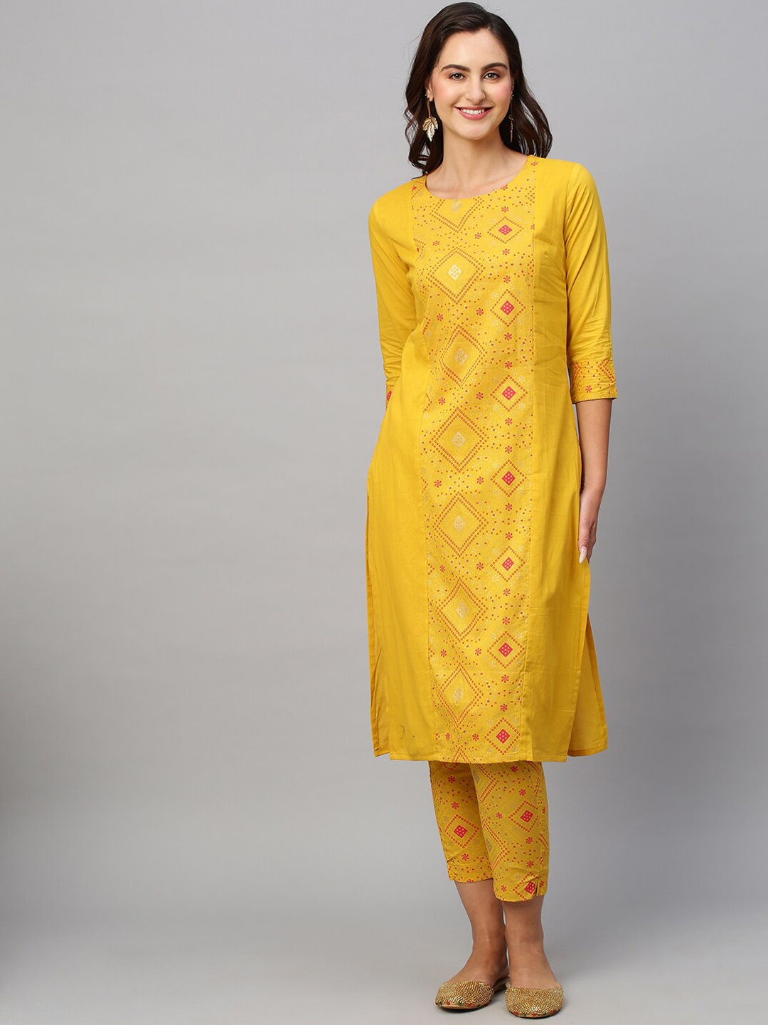 

KALINI Bandhani Printed Pure Cotton Kurta With Trousers, Yellow