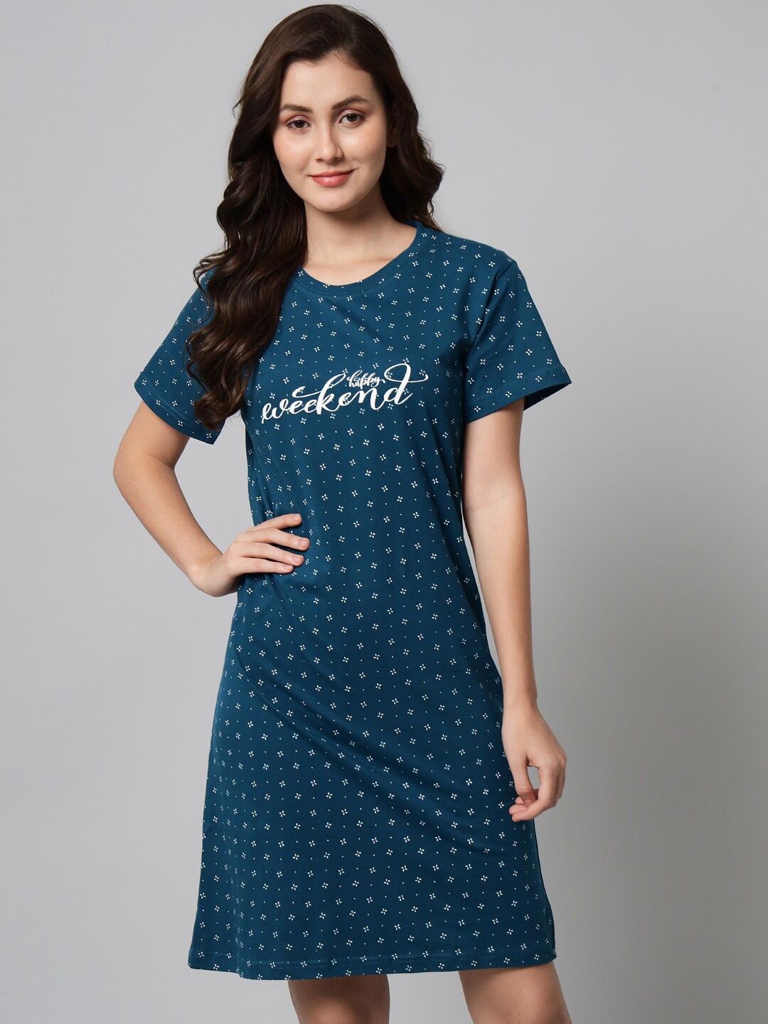 

SEPHANI Typography Printed Pure Cotton Nightdress, Teal