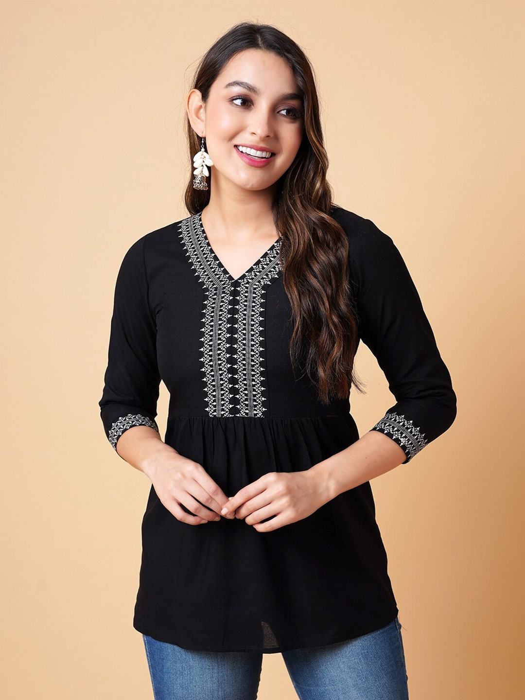 

DAEVISH Ethnic Printed Yoke Design With V-Neck Empire Top, Black