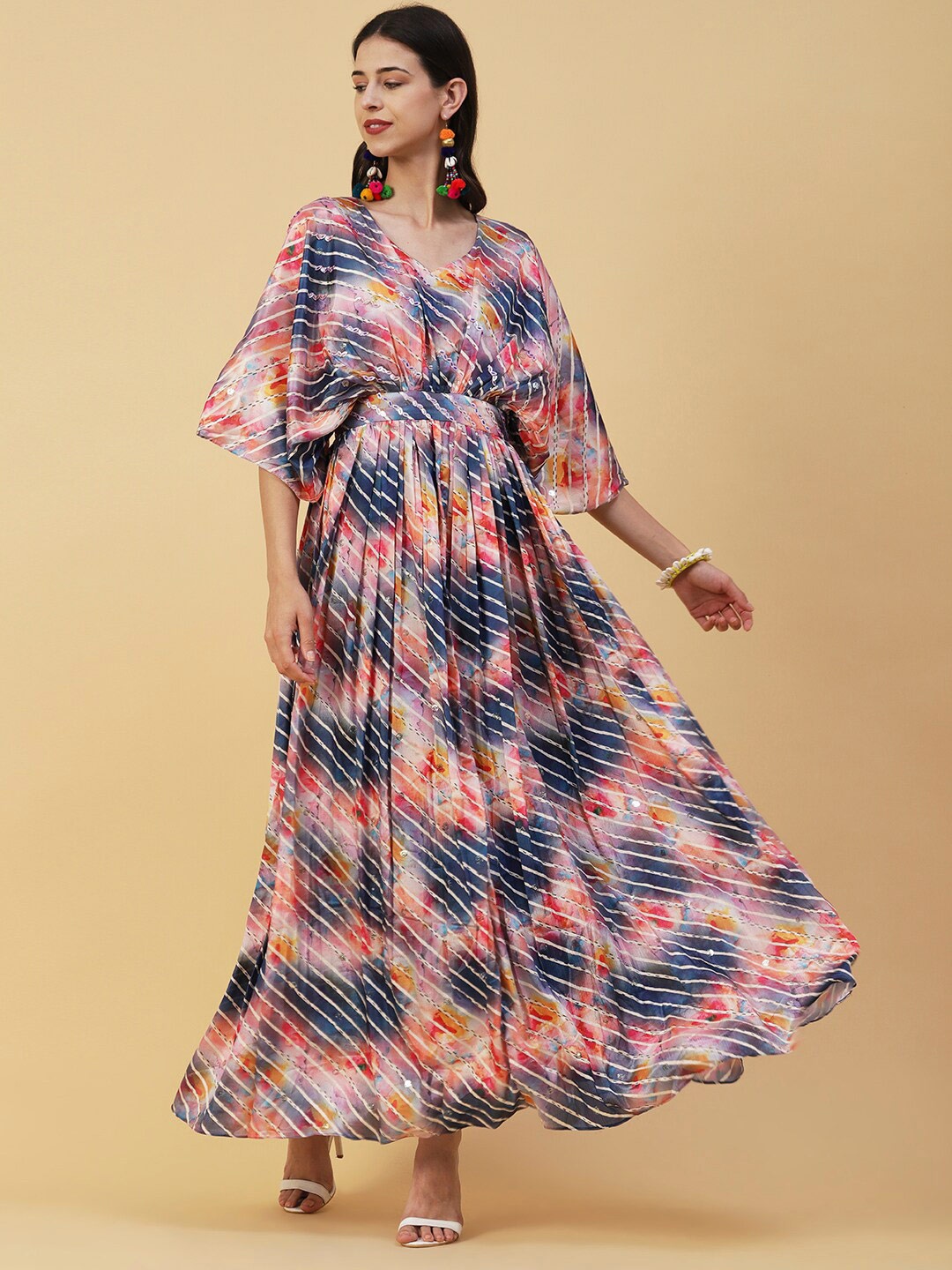 

FASHOR Striped Embellished Chiffon Fit & Flare Maxi Ethnic Dress, Blue