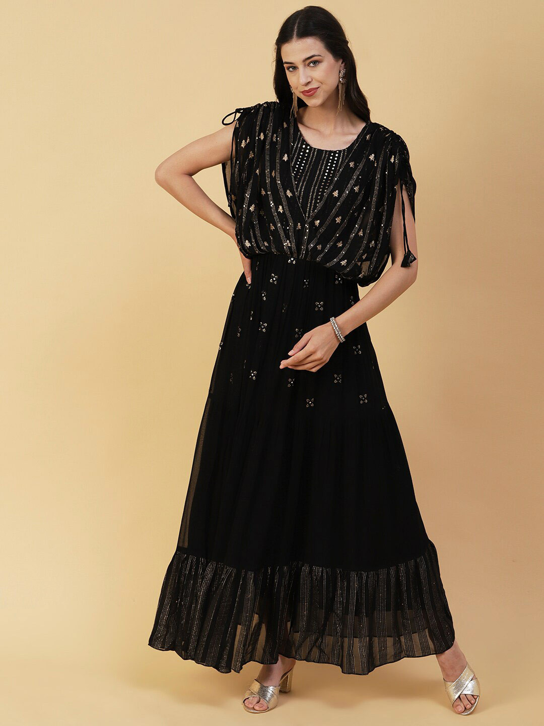 

FASHOR Ethnic Motif Embroidered Sequined Fit & Flare Maxi Ethnic Dress, Black
