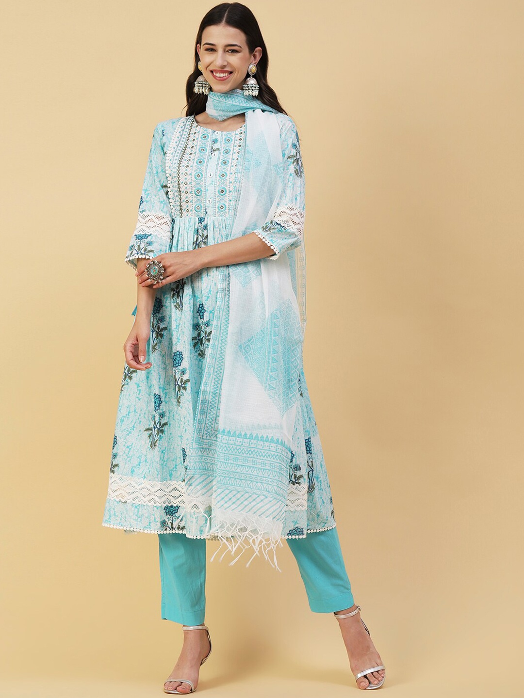 

FASHOR Blue & White Printed Mirror Work A-Line Pure Cotton Kurta With Trousers & Dupatta, Turquoise blue