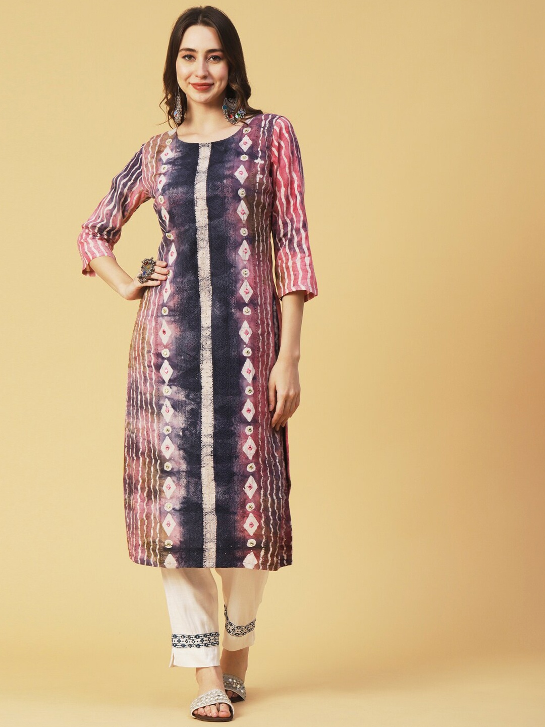 

FASHOR Pink & Purple Printed & Embroidered Regular Straight Kurta, Multi