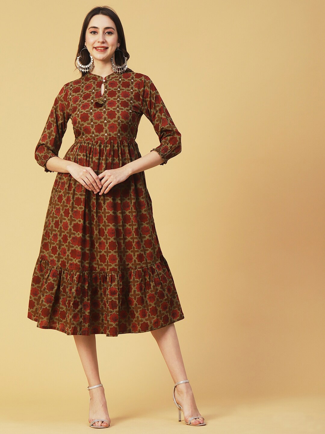 

FASHOR Geometric Printed Keyhole Neck Gathered Fit & Flare Midi Dress, Rust