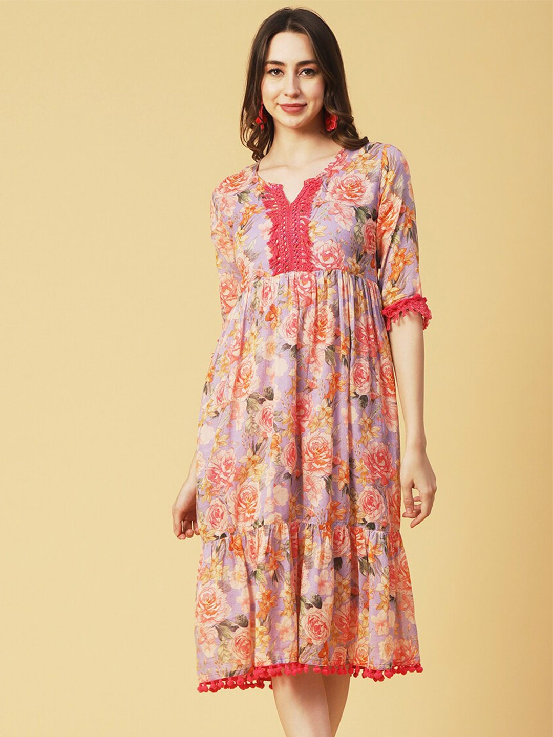 

FASHOR Floral Printed Pom-Pom Detail A-Line Midi Dress, Lavender