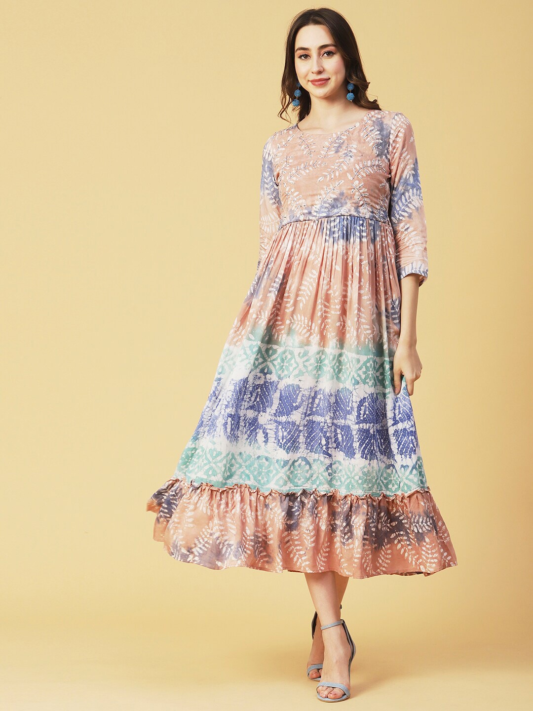 

FASHOR Floral Printed Pleated Fit & Flare Dress, Peach