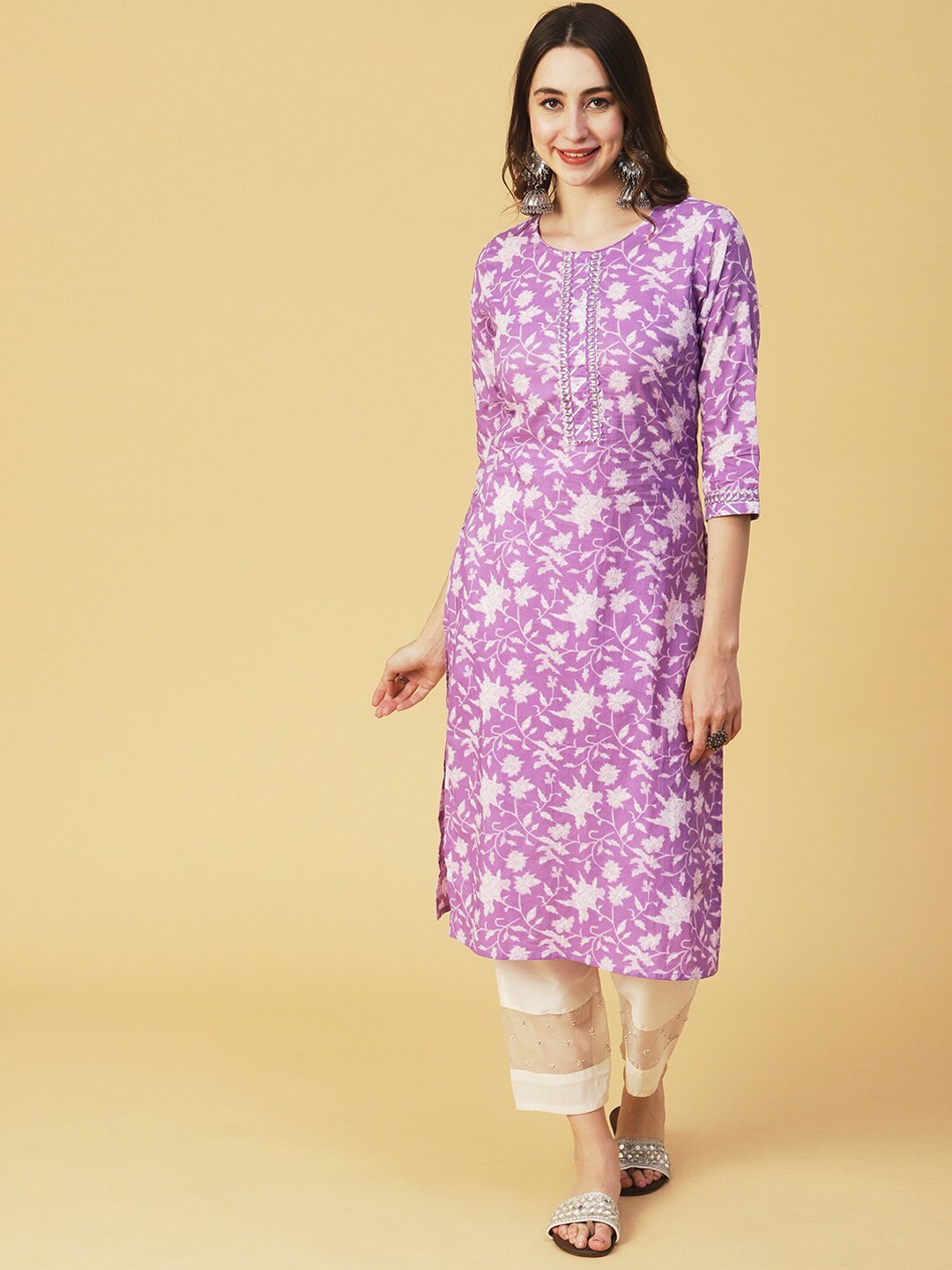

FASHOR Purple & White Floral Screen Printed Cotton Kurta
