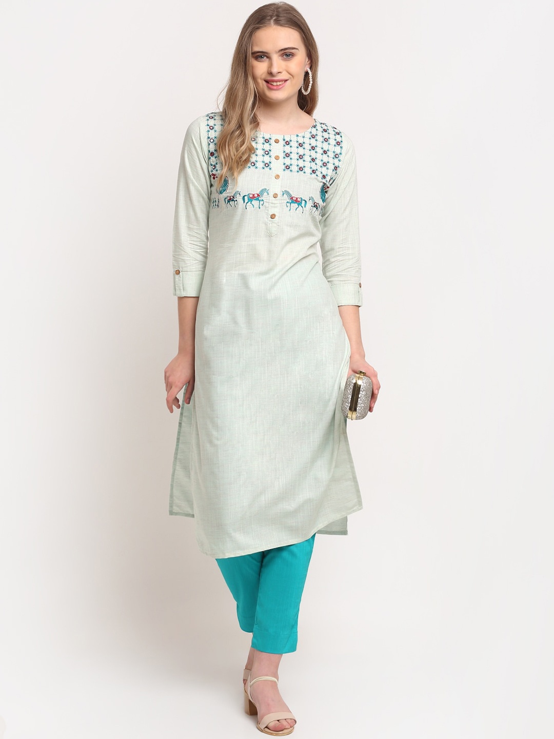 

Lovely Lady Floral Yoke Design Mirror Work Kurta, Green