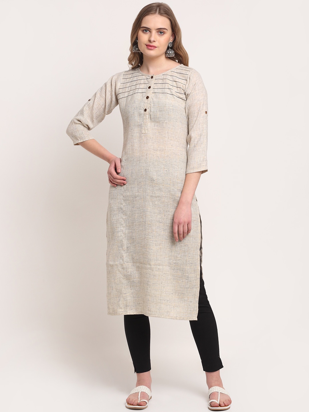 

Lovely Lady Woven Design Thread Work Straight Kurta, Beige