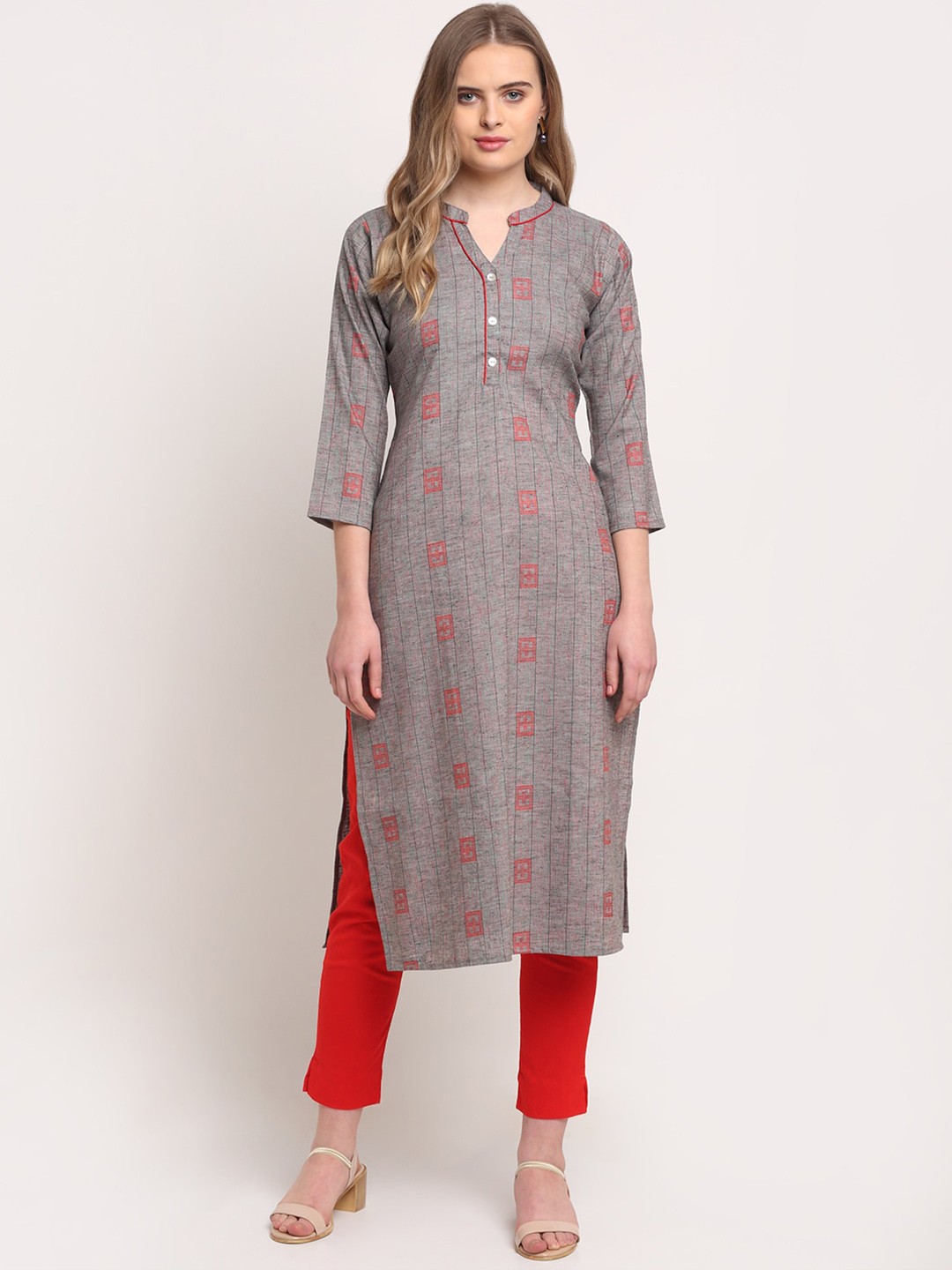 

Lovely Lady Geometric Printed Mandarin Collar Regular Kurta, Brown