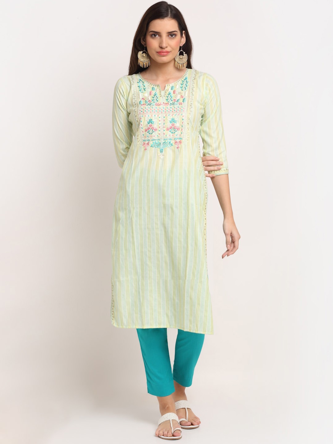 

Lovely Lady Striped Notched Neck Thread Work Kurta, Lime green