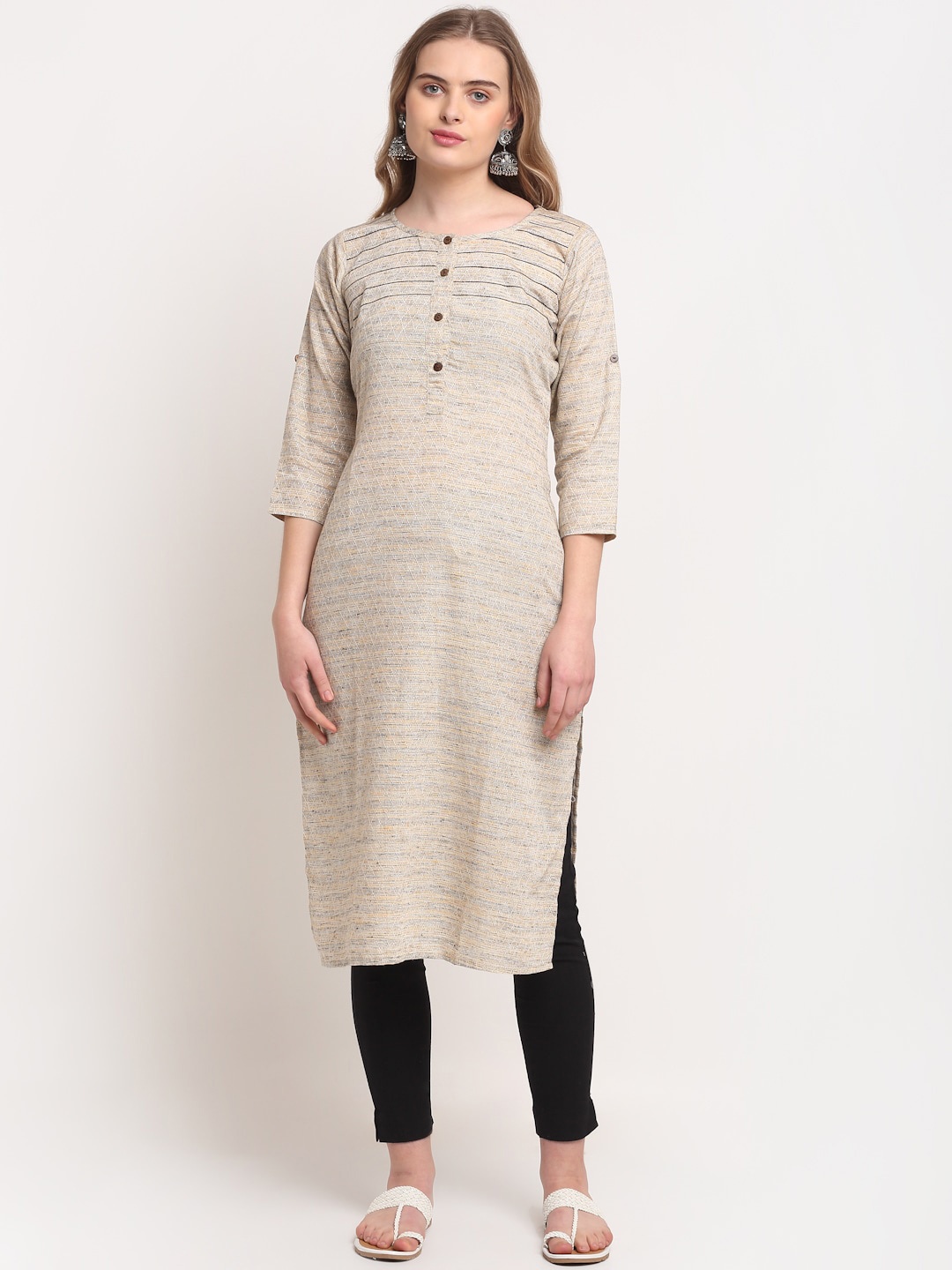 

Lovely Lady Geometric Woven Design Regular Thread Work Kurta, Grey