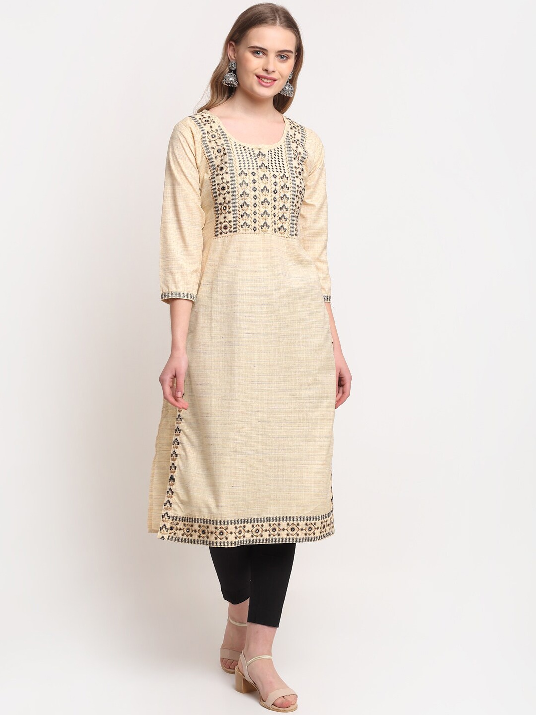 

Lovely Lady Ethnic Motifs Embroidered Yoke Design Regular Kurta, Cream