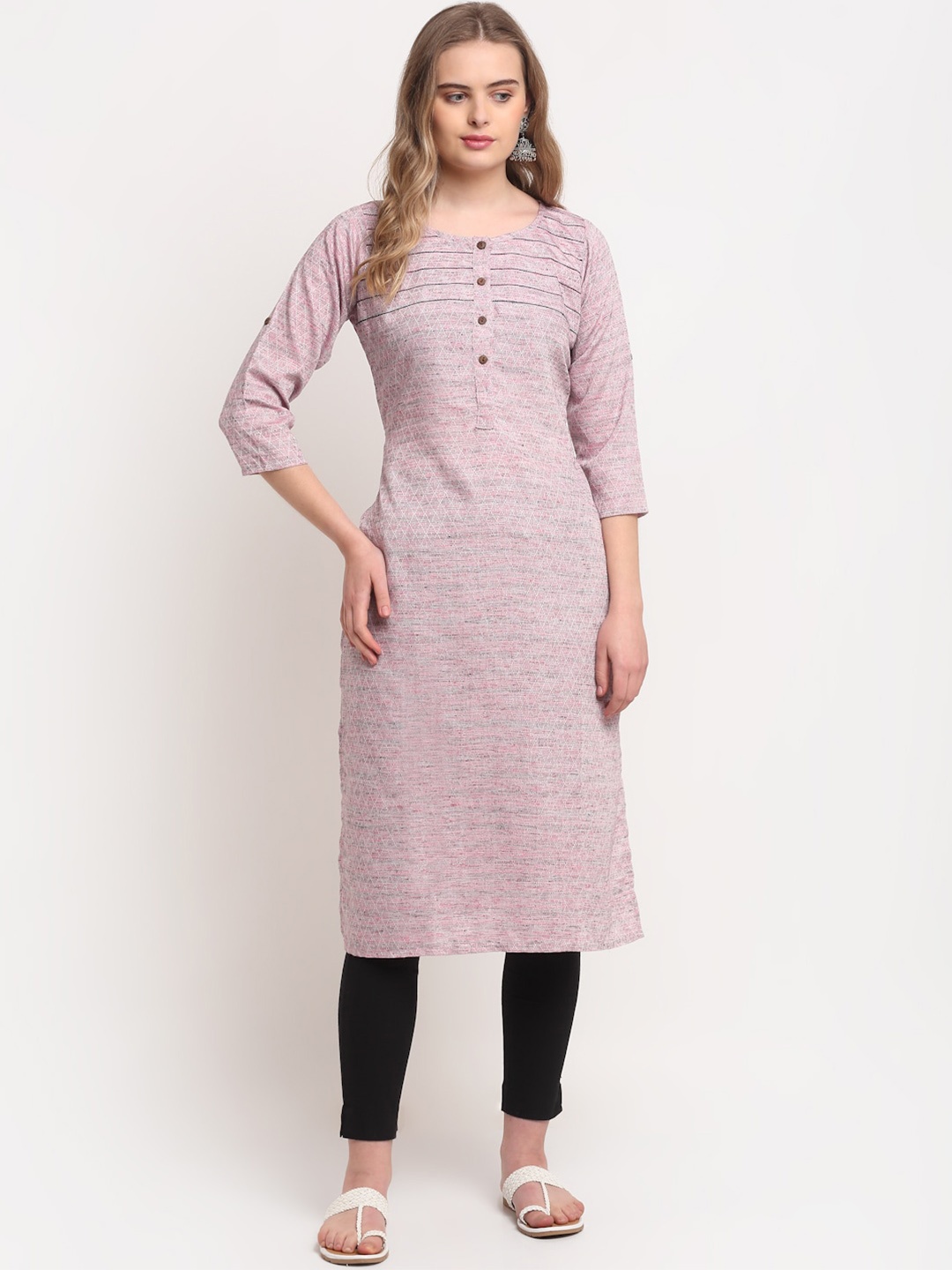 

Lovely Lady Geometric Woven Design Regular Thread Work Kurta, Pink