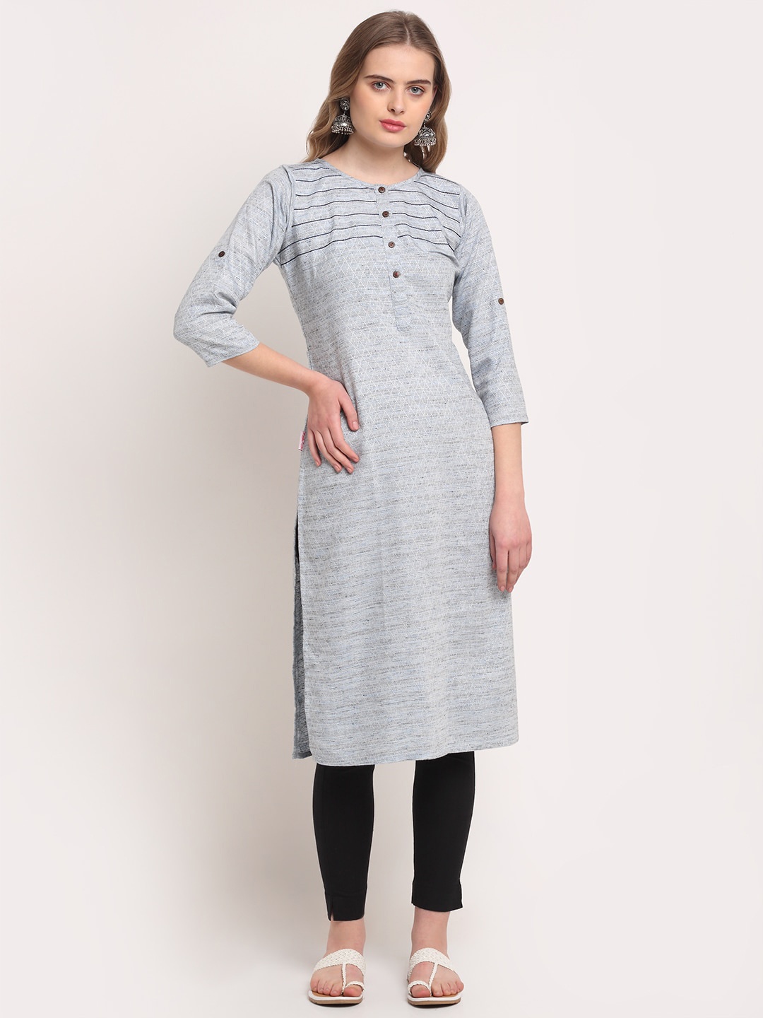 

Lovely Lady Geometric Woven Design Regular Thread Work Kurta, Grey
