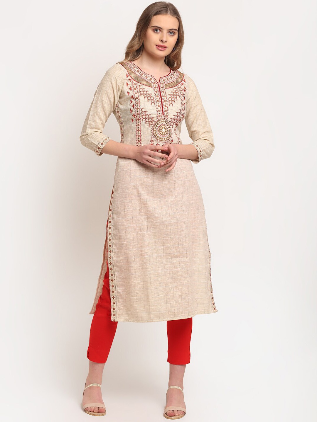 

Lovely Lady Ethnic Motifs Yoke Design Regular Thread Work Kurta, Cream