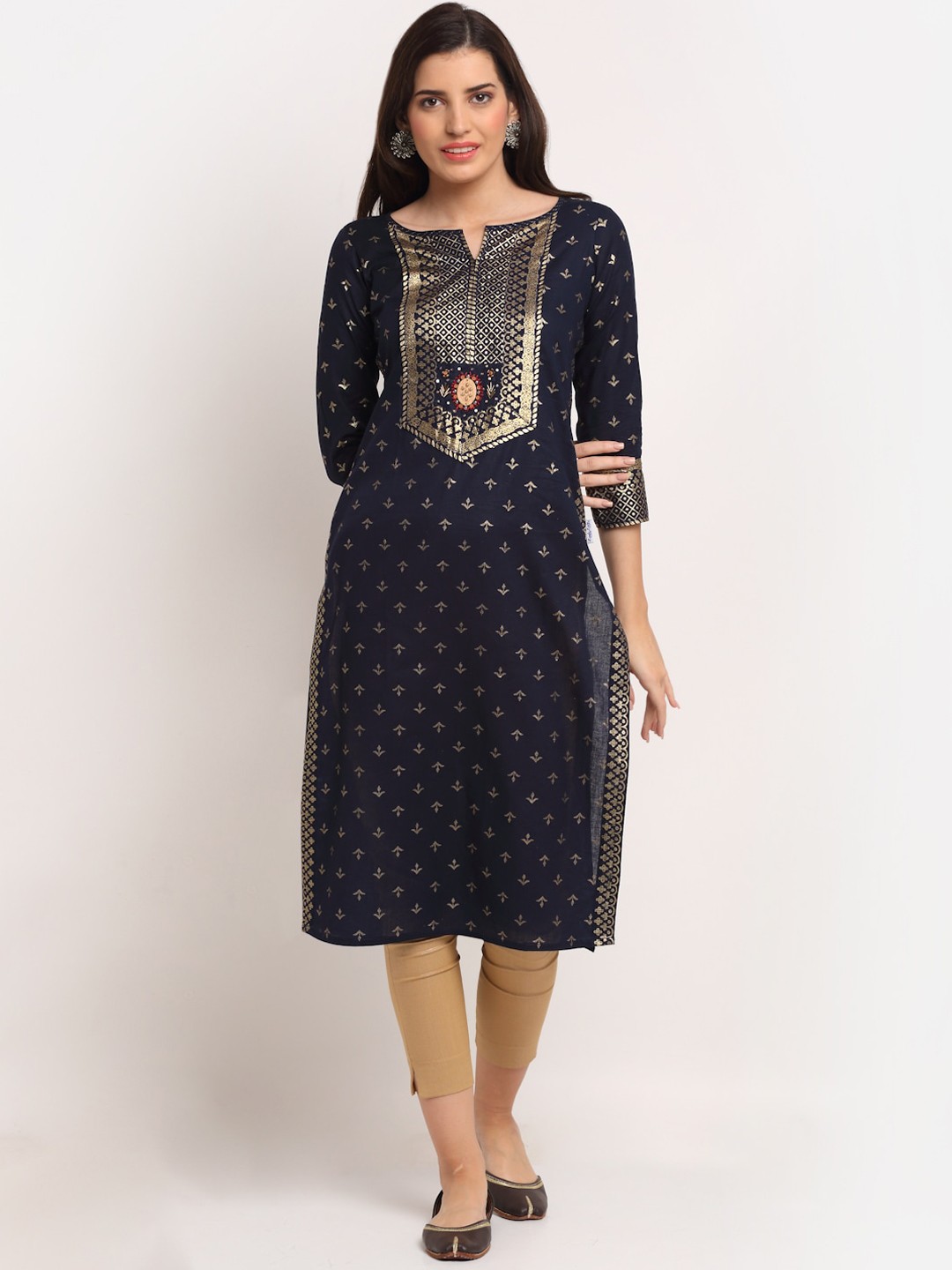

Lovely Lady Ethnic Motifs Printed Notched Neck Regualr Kurta, Navy blue