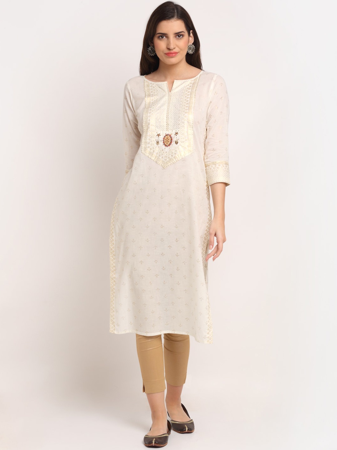 

Lovely Lady Ethnic Motifs Printed Notched Neck Regular Kurta, Off white