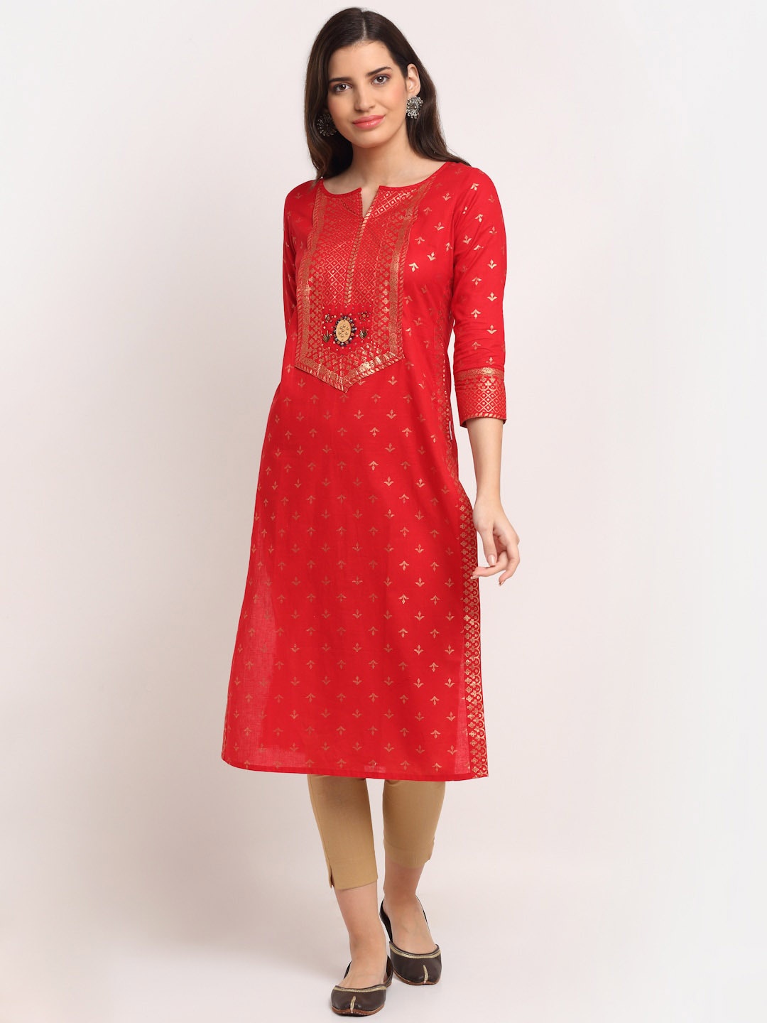 

Lovely Lady Ethnic Motifs Printed Notched Neck Regular Kurta, Red