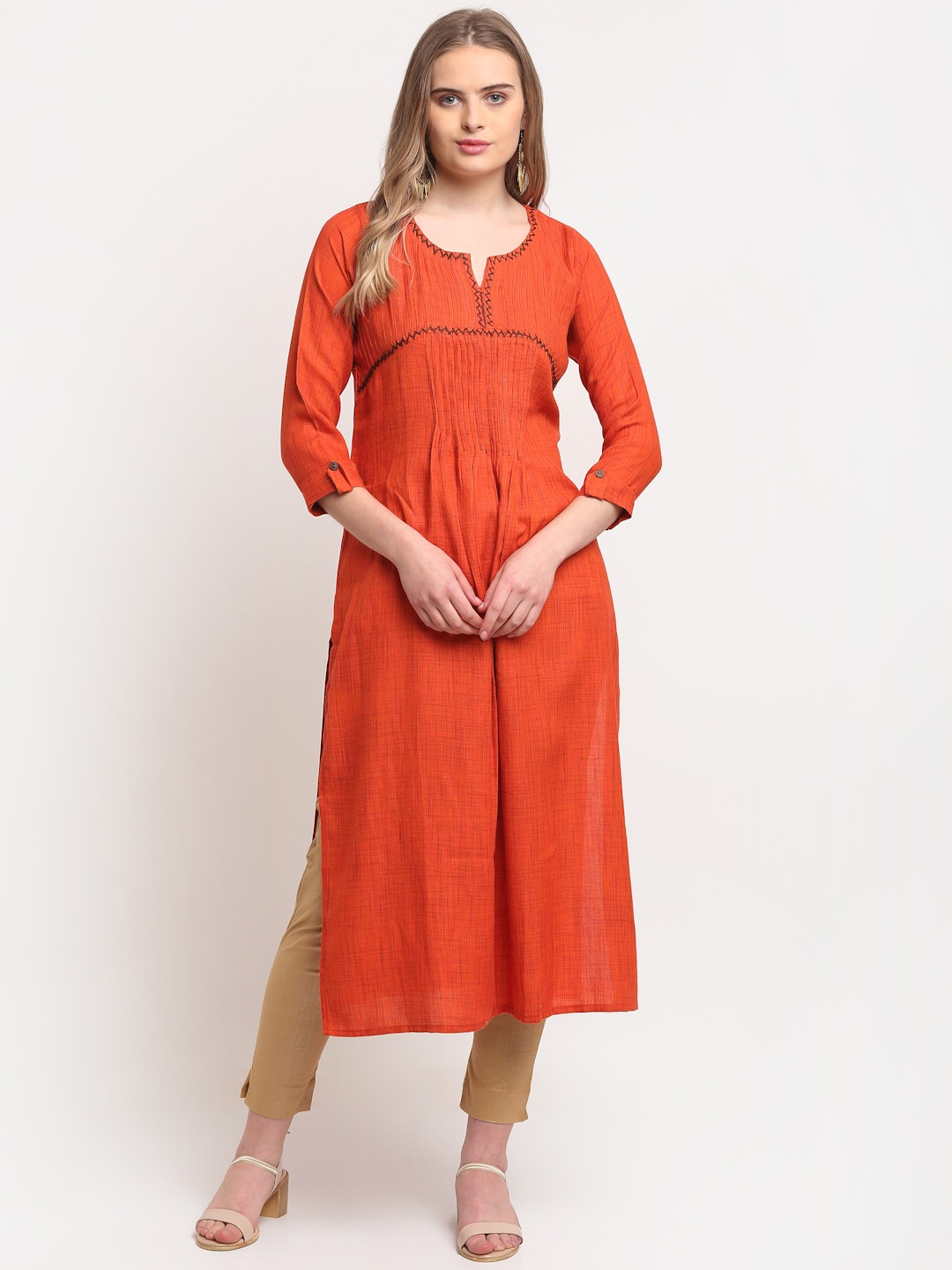 

Lovely Lady Notched Neck Thread Work Kurta, Rust