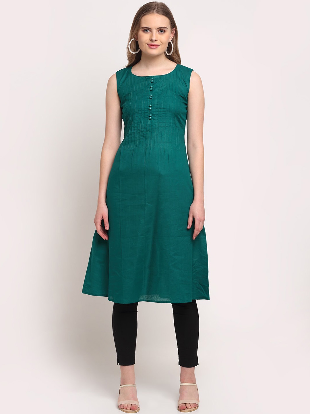 

Lovely Lady Boat Neck Sleeveless A-Line Kurta, Green