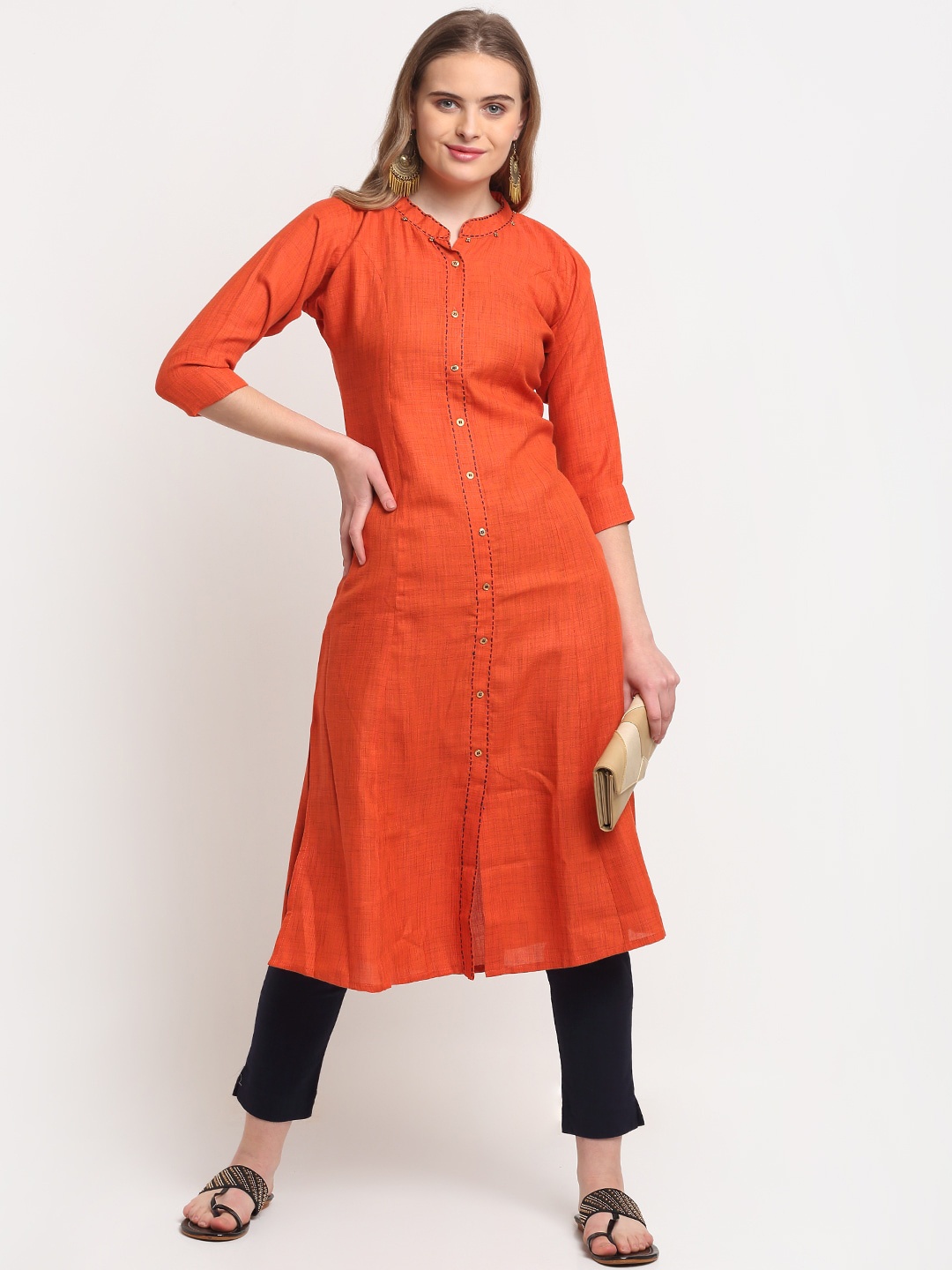 

Lovely Lady Mandarin Collar Panelled Regular Kurta, Rust