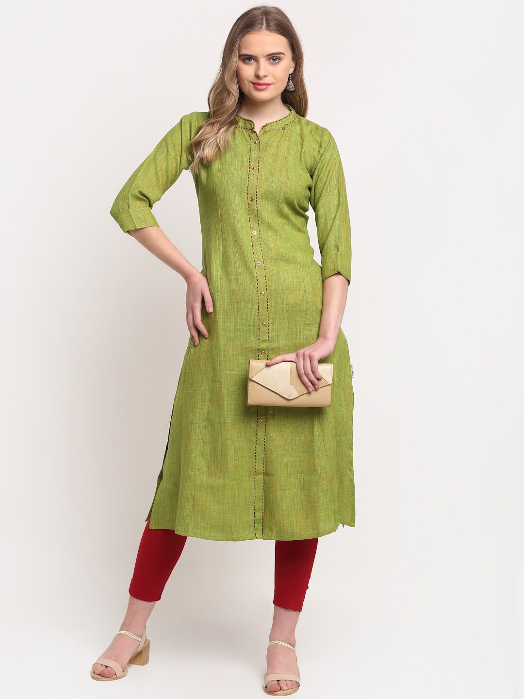 

Lovely Lady Mandarin Collar Panelled Regular Kurta, Green