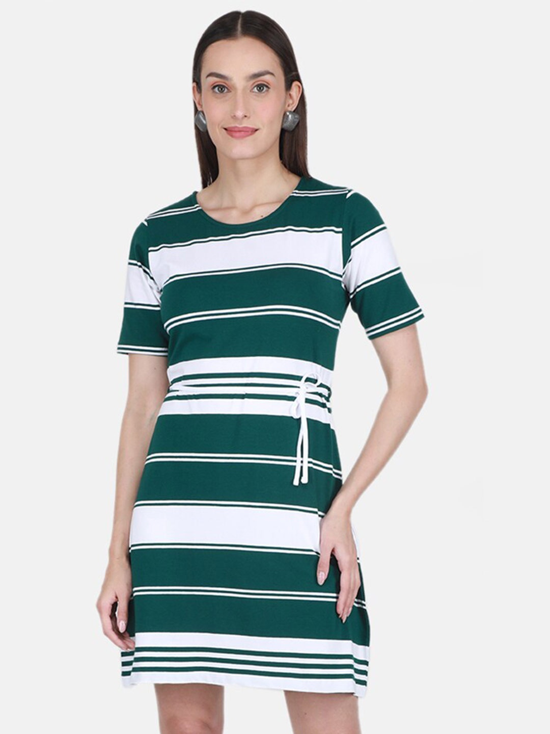 

Monte Carlo Round Neck Striped T-shirt Dress With Belt, Green