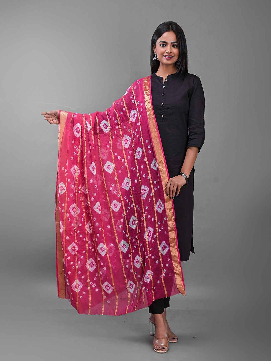 

Apratim Printed Bandhani Cotton Dupatta, Pink