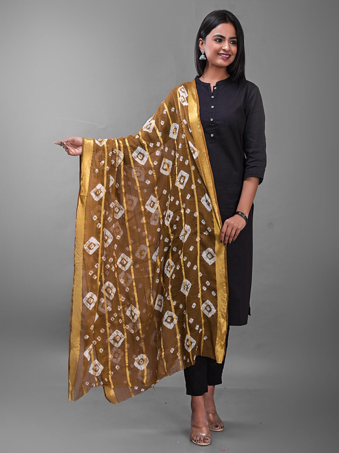 

Apratim Printed Bandhani Cotton Dupatta with Zari, Brown