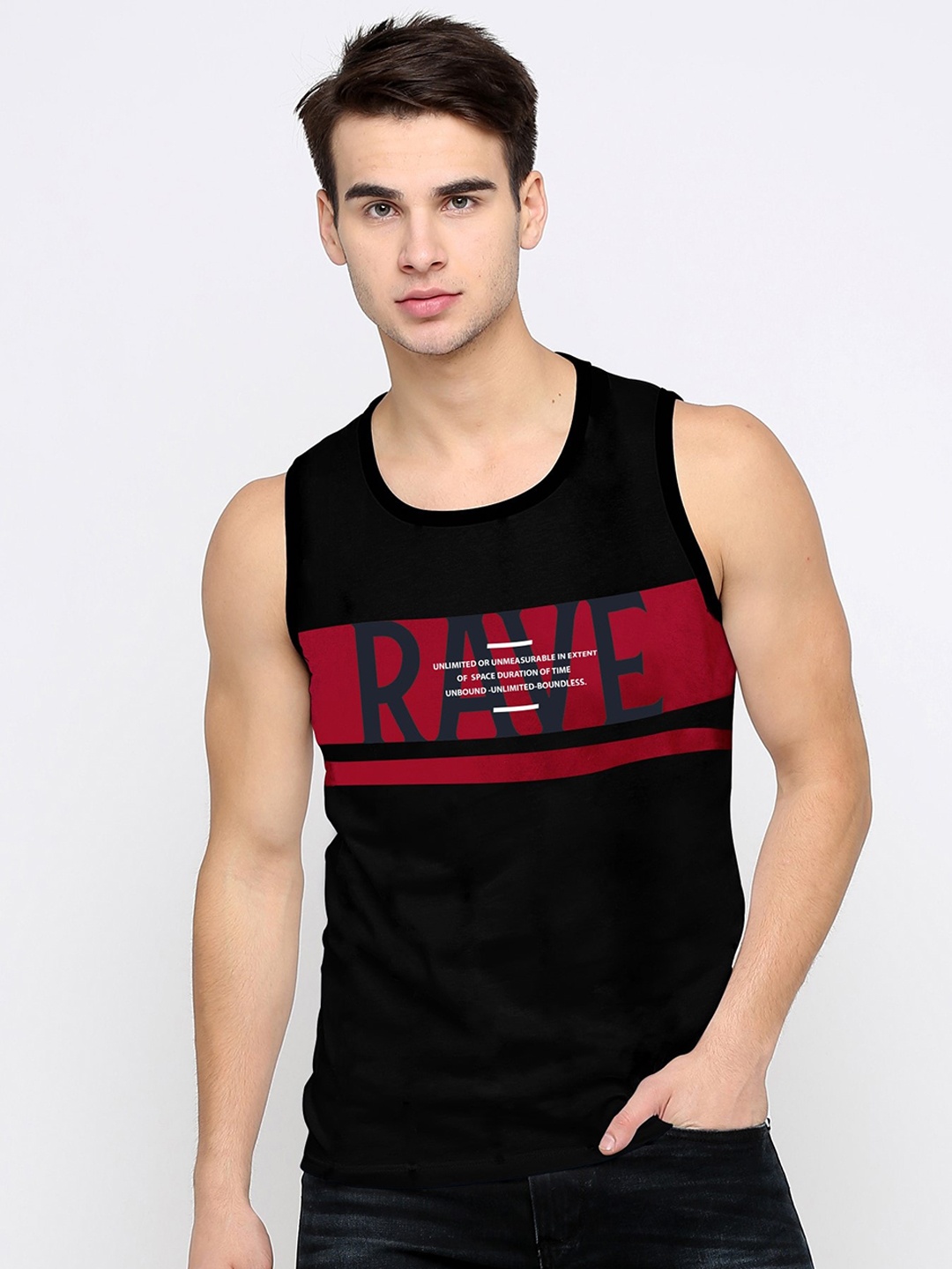 

JUMPCUTS Men Printed Sleeveless Cotton Slim Fit Innerwear Vest, Black