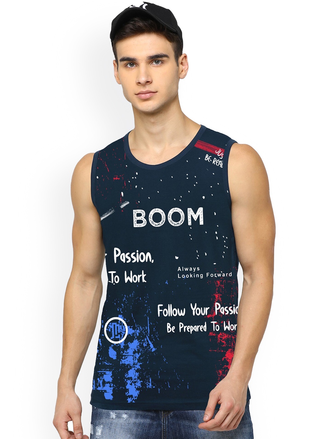 

JUMPCUTS Men Printed Slim Fit Innerwear Tank Vest, Navy blue