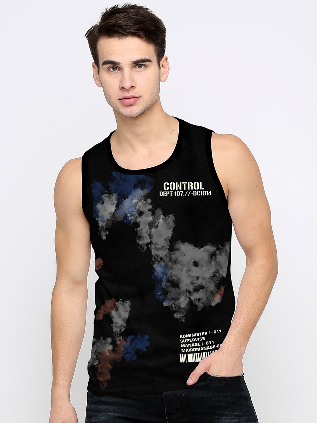 

JUMPCUTS Men Printed Cotton Slim Fit Innerwear Tank Vest, Black